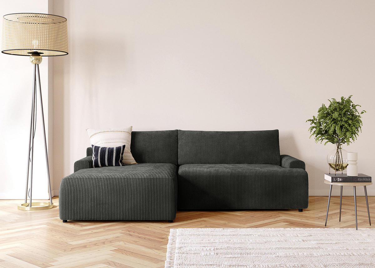 ECKSOFA mit Schlaffunktion - Longchair - Dunkelgrau/Schwarz, Kunststoff/Textil (253/167cm) - home24