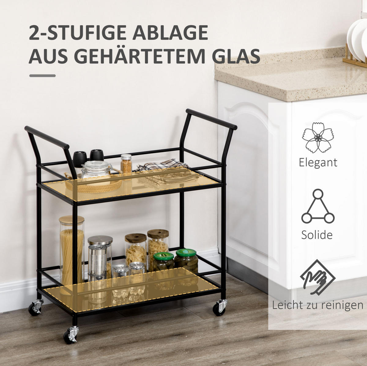 KÜCHENINSEL 75/40/80 cm mit 2 Glasablagen, Rollen und Bremsen, Stahl, Schwarz - Schwarz, Metall (75/80/40cm) - Redom
