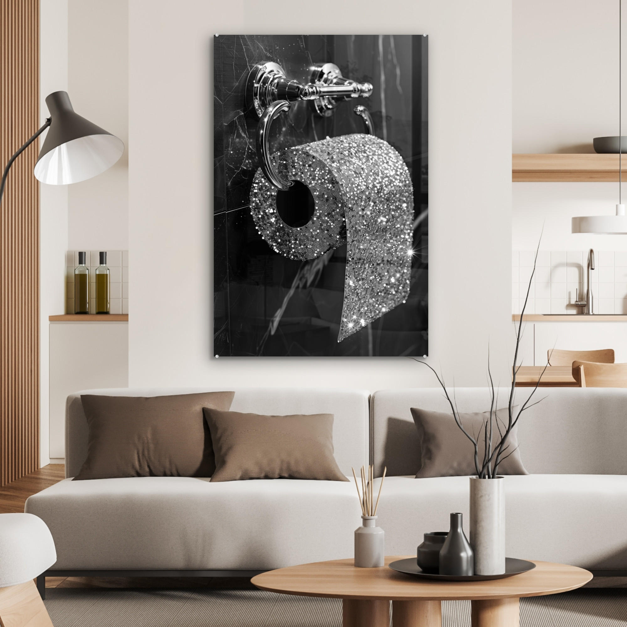 ACRYLGLASBILD WC - Toilettenpapier - Schwarz und weiß - Glitter 60x90 cm - Silberfarben, Glas (60/90cm) - MuchoWow