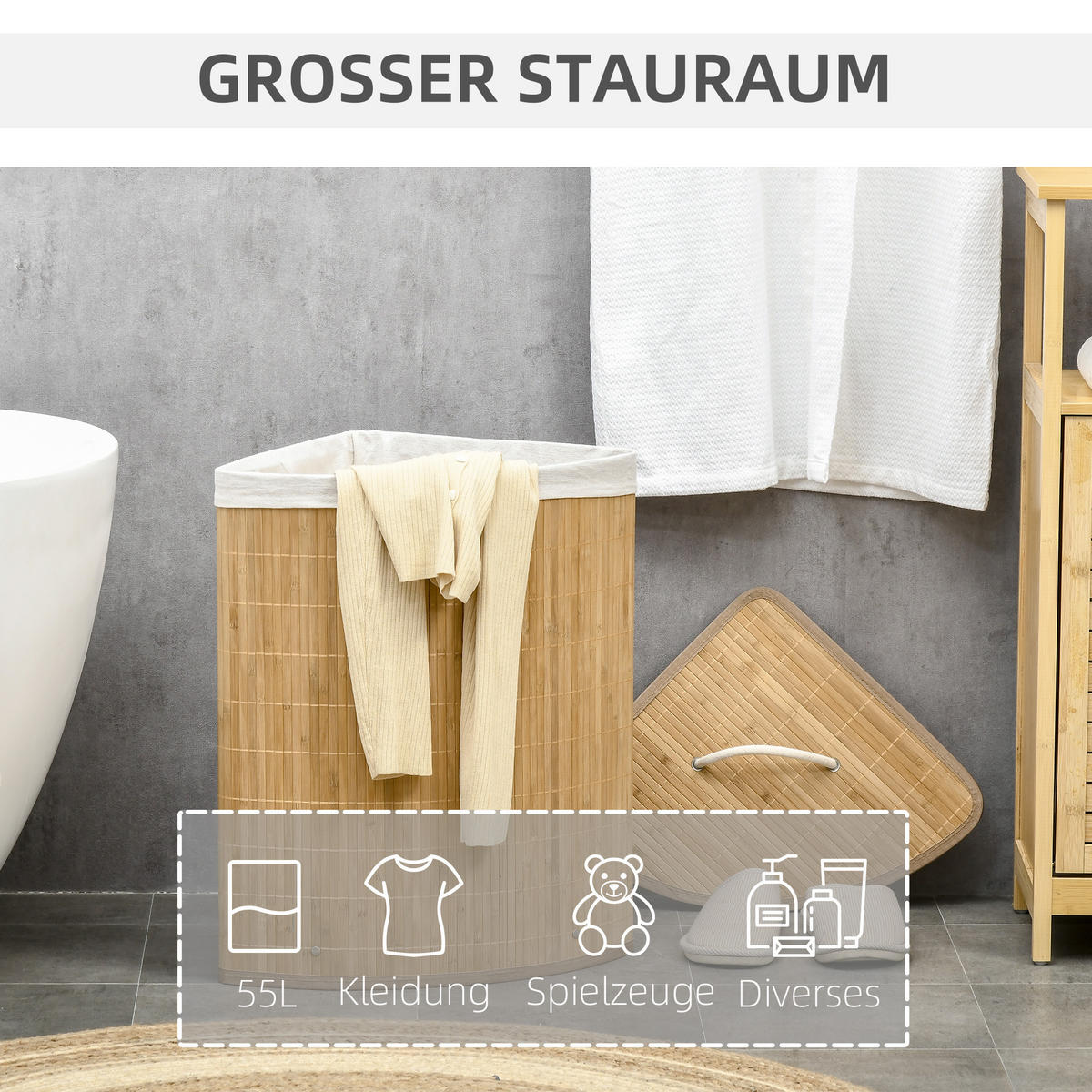 WÄSCHEKORB mit Deckel 55L, Bambus, Natur - Naturfarben, Naturmaterialien (38/57/38cm) - HOMCOM