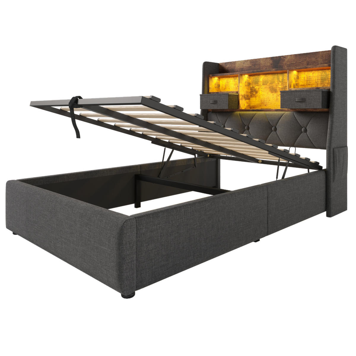 POLSTERBETT mit Stauraum & LED 90x200 cm Leinen Grau inkl. Lattenrost - Grau, Metall (90/200cm) - Meubliv