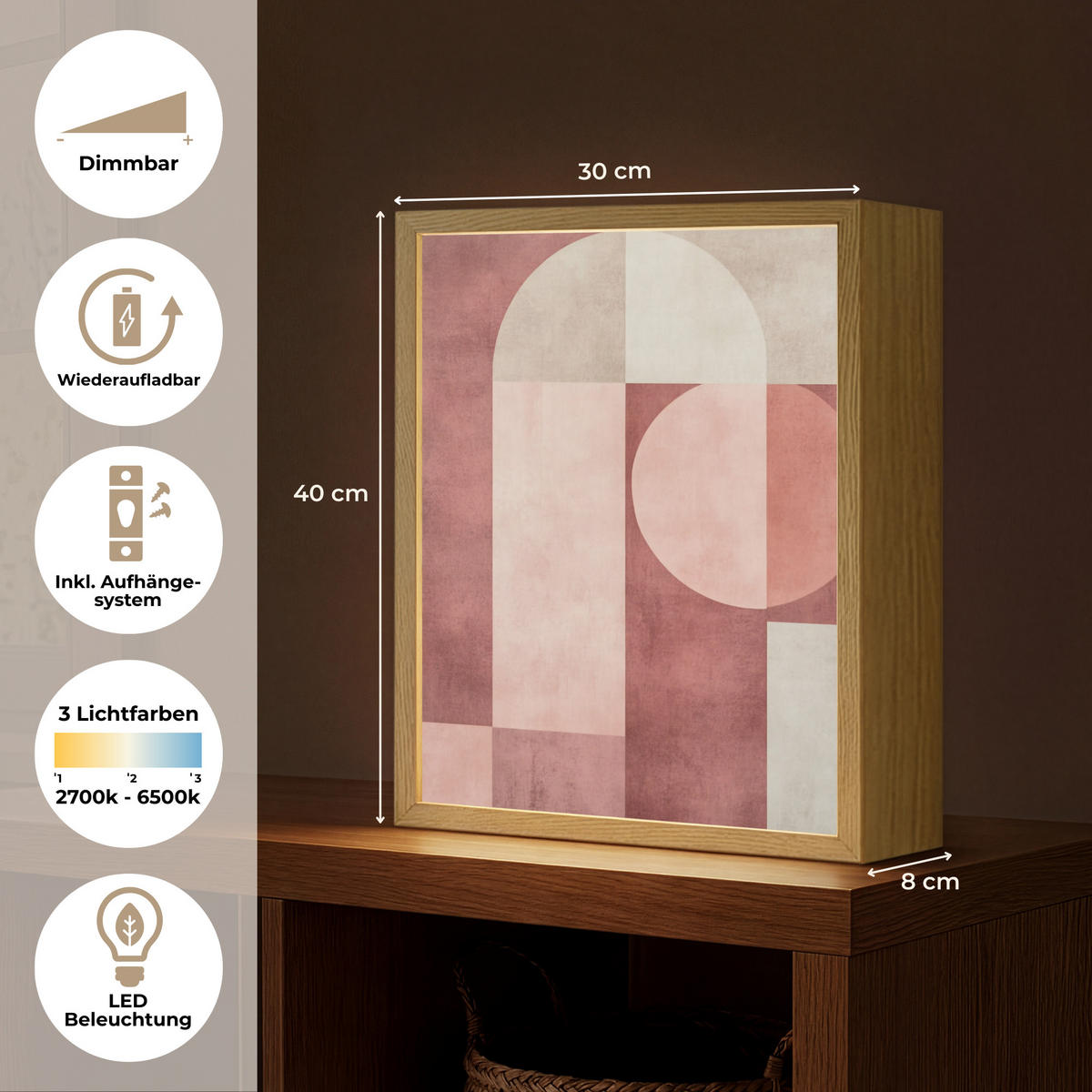 WANDLEUCHTE MIT AKKU Figuren - Abstrakt - Rosa 30x40 cm - Altrosa, Holzwerkstoff (30/40/8cm) - OnlyWow