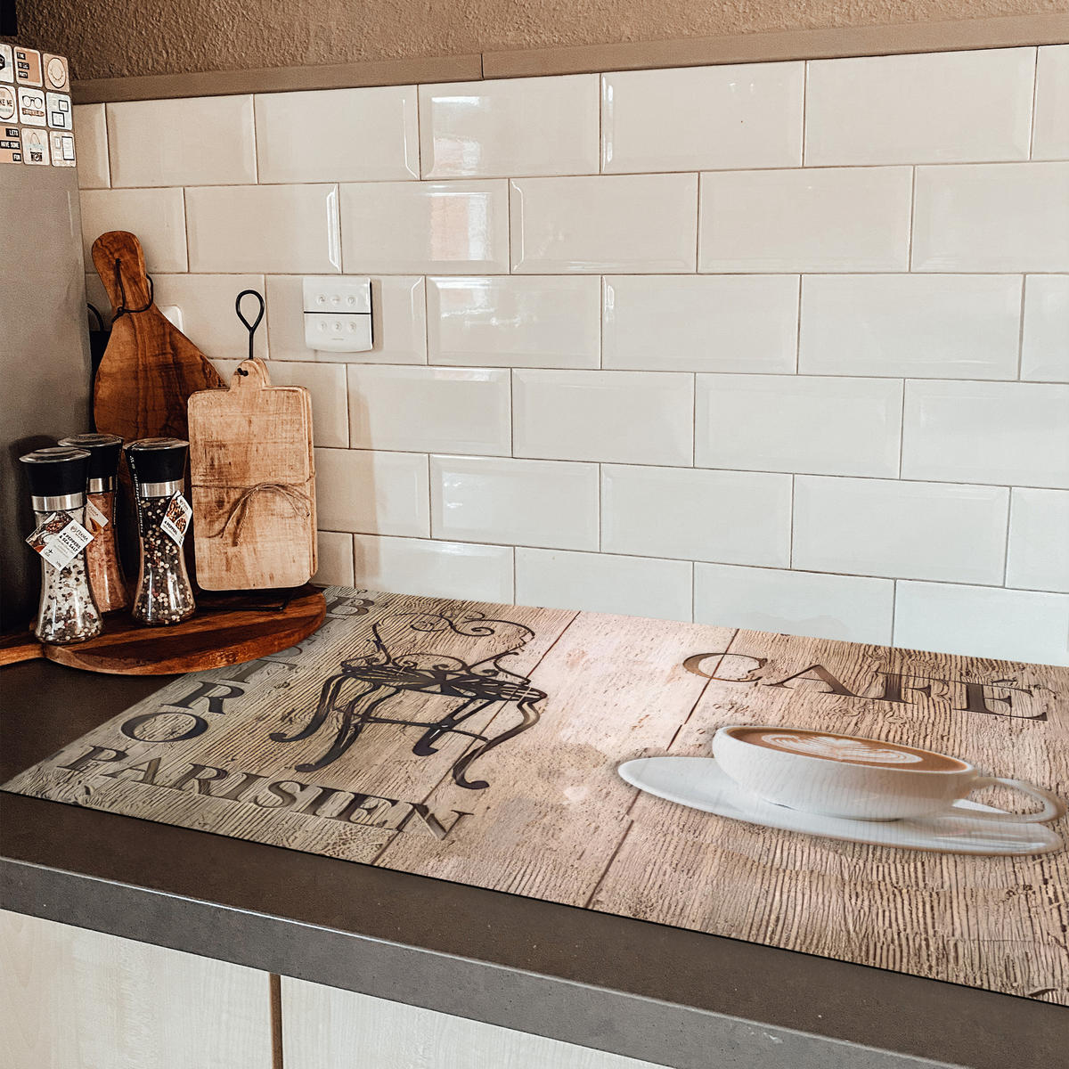 HERDABDECKPLATTE Bistro Parisien - Café - Kaffee - Jahrgang Ceranfeldabdeckung 90x52 cm - Cappuccino, Kunststoff (90/52/0.2cm) - MuchoWow