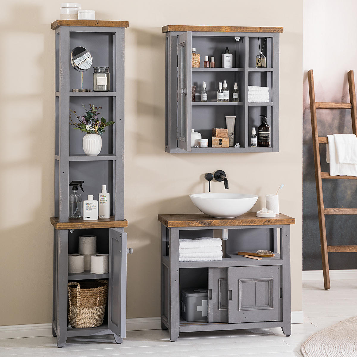 WASCHBECKENUNTERSCHRANK - Kiefer massiv - Grau, Holz (75/68/35cm) - home24