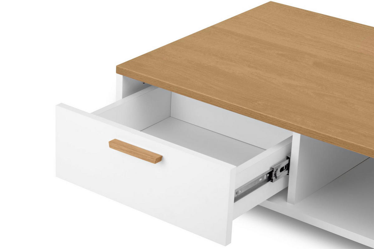 KAFFEETISCH FRISK mit Schubladen, weiß - Eichefarben/Weiß, Eichenholz/Holzwerkstoff (62/90/35cm) - KONSIMO®