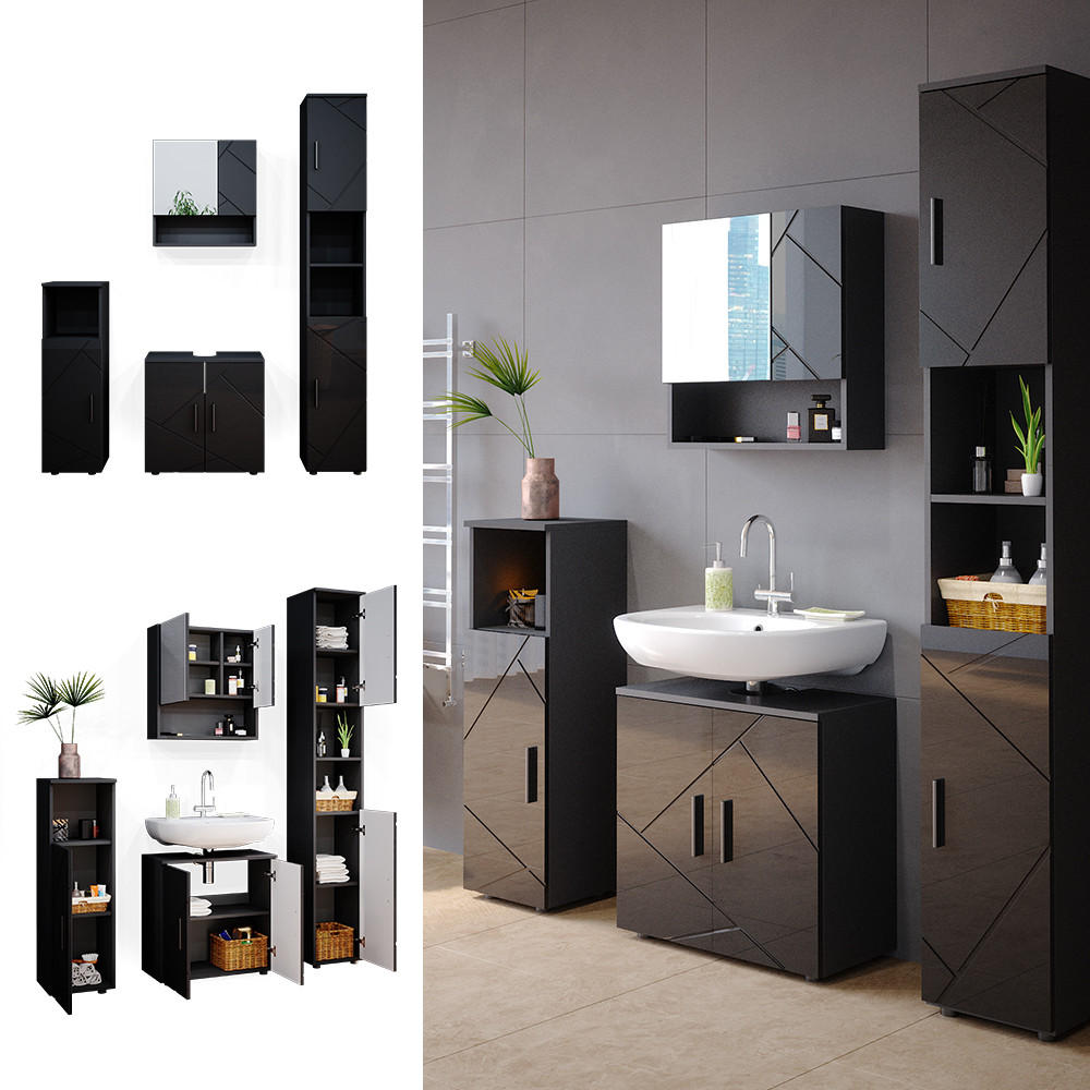 BADMÖBEL-SET Irma Anthrazit Hochglanz 4 Teile, mit Hochschrank - Anthrazit, Holzwerkstoff (80/58.6/41cm) - Vicco