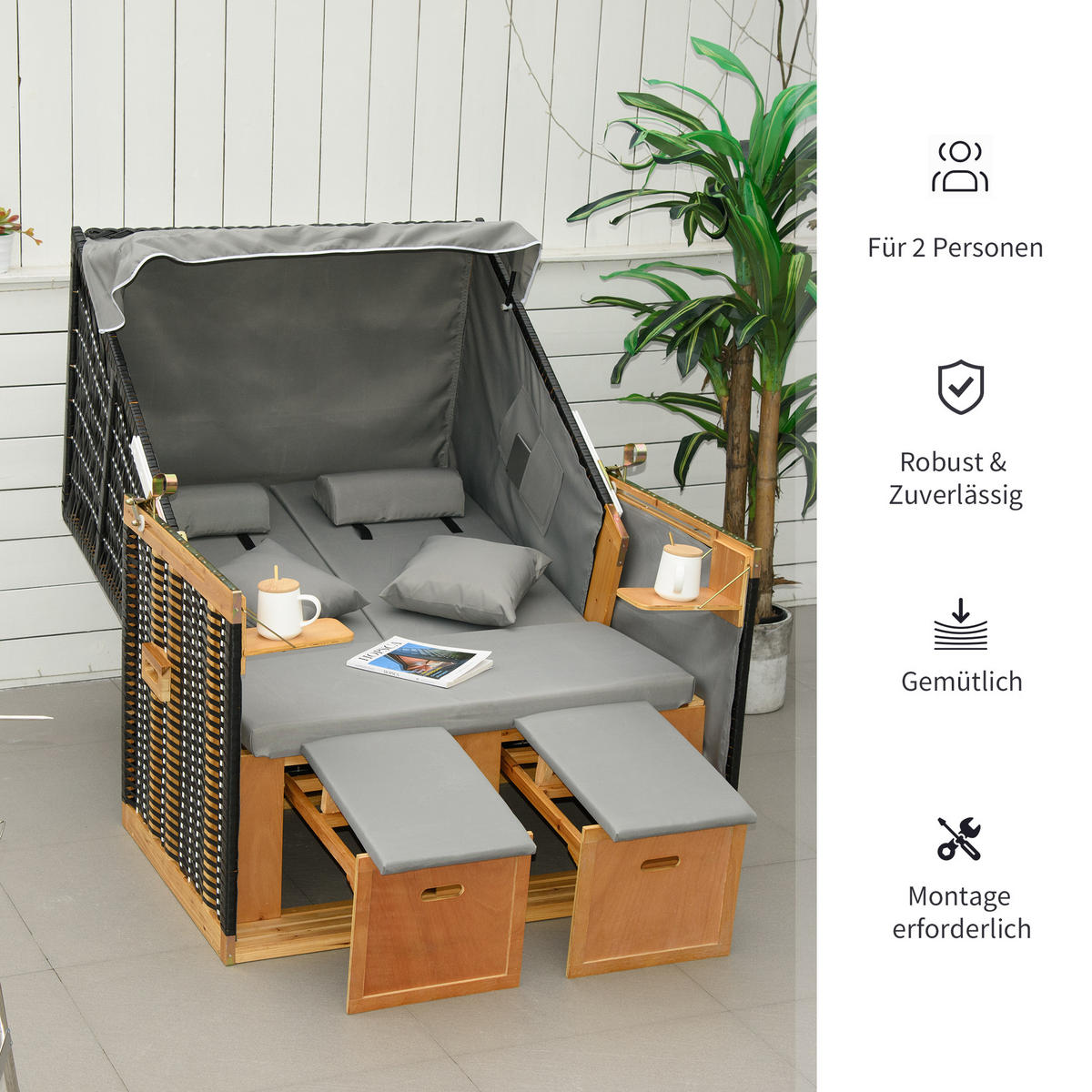 VOLLLIEGER Gartenliege PE Rattan Hellgrau 118 x 79 x 160 cm - Hellgrau, Kunststoff (79/160/118cm) - Outsunny