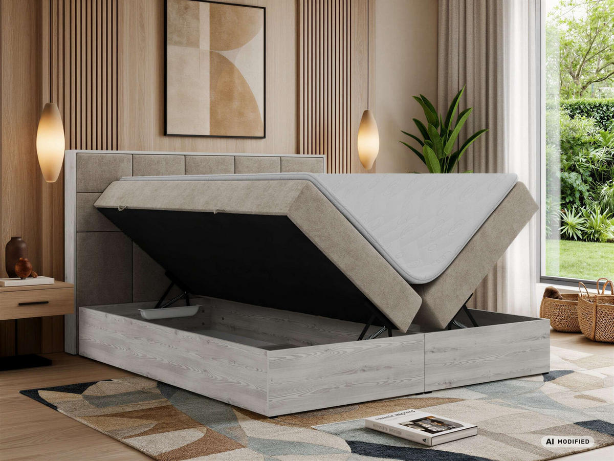 BOXSPRINGOVÁ POSTEĽ ALNOR 200/200 Sivobéžová Štruktúrovaná látka - Topper T25 - H3 (stredne tvrdý) - čierna/sivobéžová, textil/plast (200/200cm) - MKS