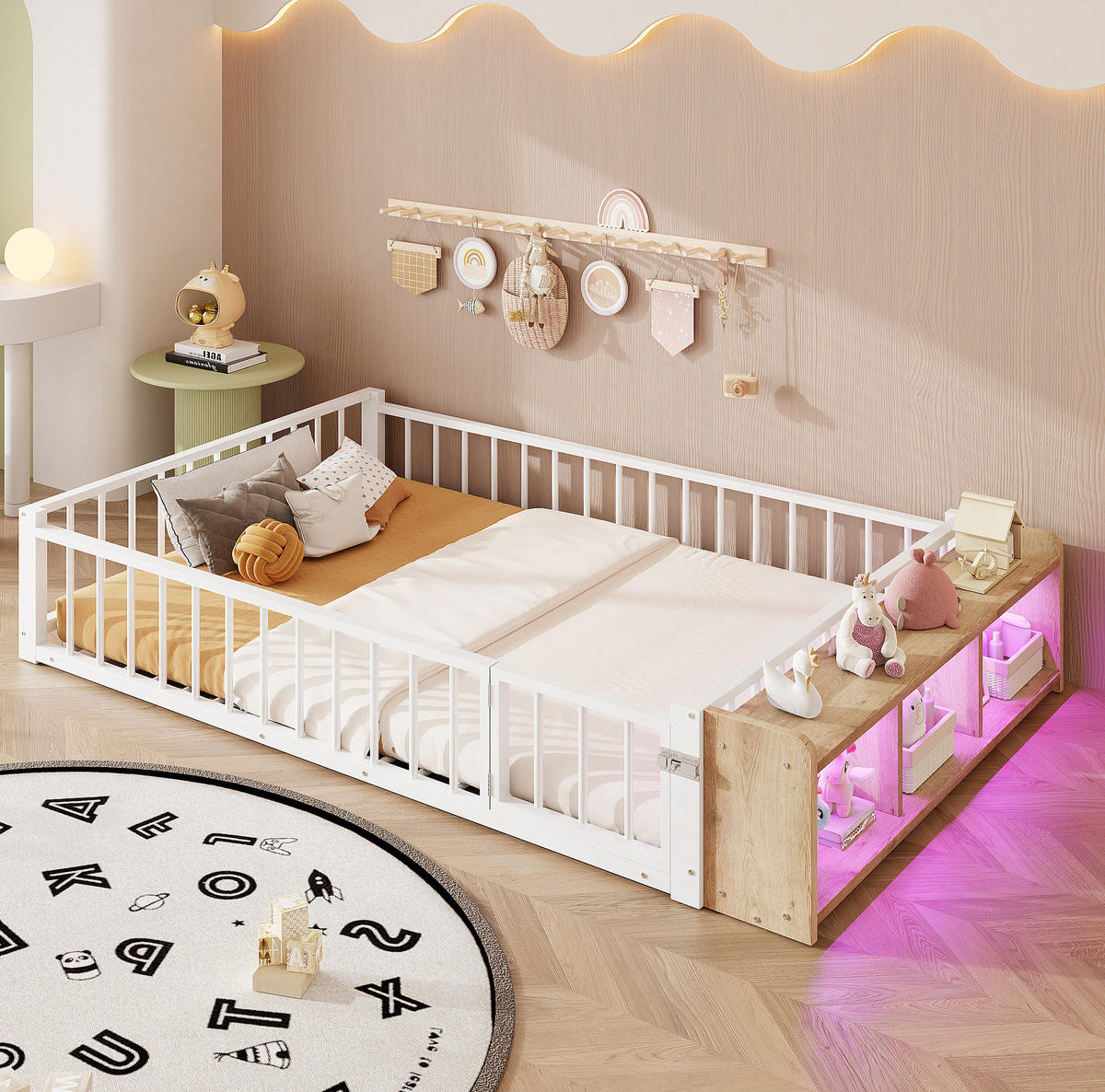 KINDERBETT 140/200 cm, Weiß mit Schutzgeländer und Stauraum - Weiß, Metall (140/200cm) - MIVRAY