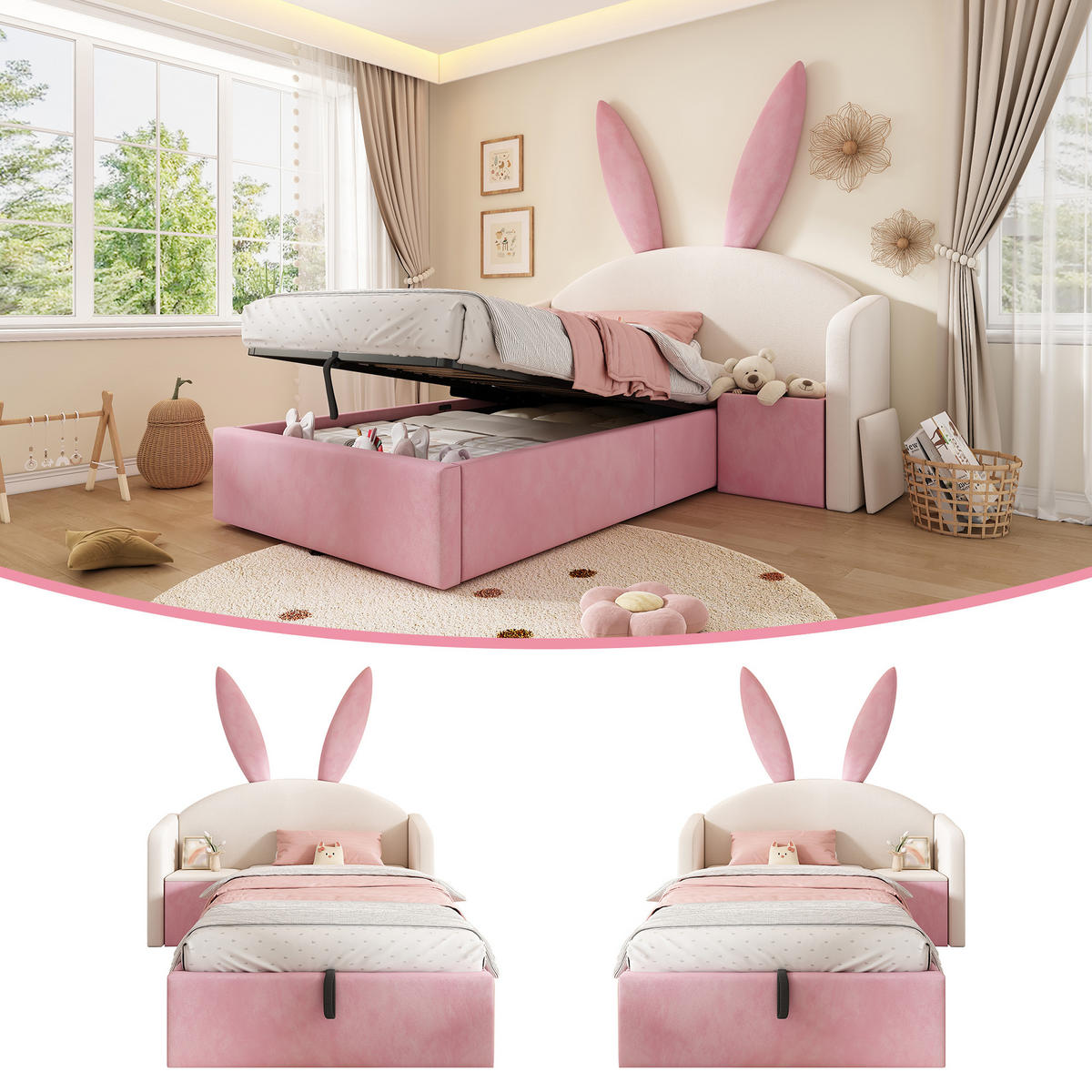 JUGENDBETT 90/200 cm in Beige & Rosa Samt mit Bettkasten und Nachttisch - Beige/Rosa, Holzwerkstoff/Textil (90/200cm) - WISHDOR