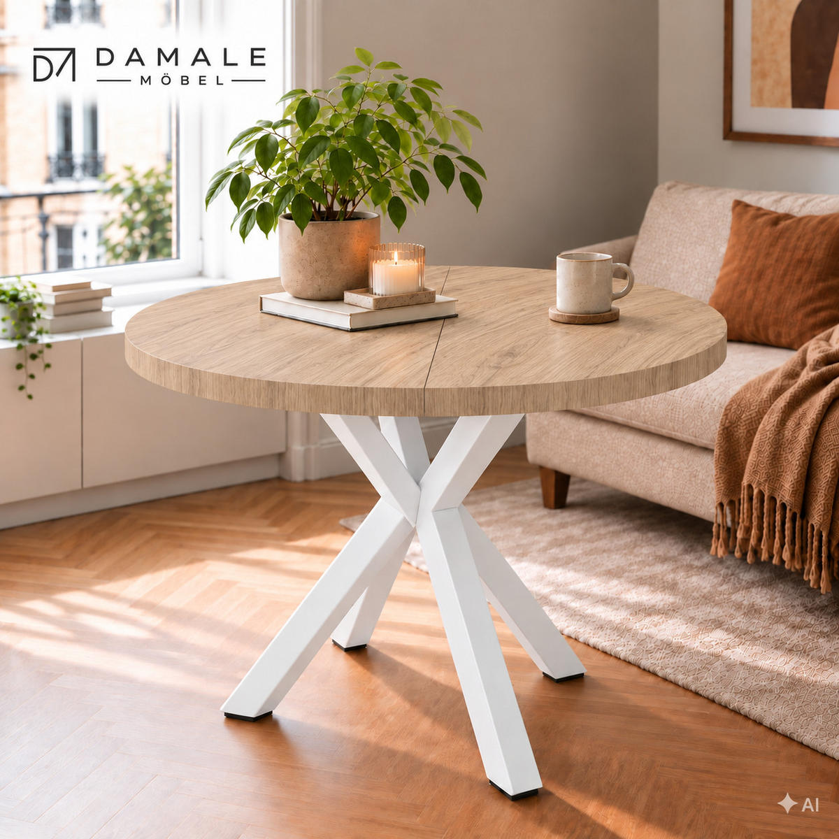 ESSTISCH rund ausziehbar 110/310/76 cm, Braun Hikora Egger, 54 cm Tischplatte + X Metallbeine Weiß - Weiß/Braun, Holzwerkstoff/Metall (110/310/76cm) - Damale Möbel