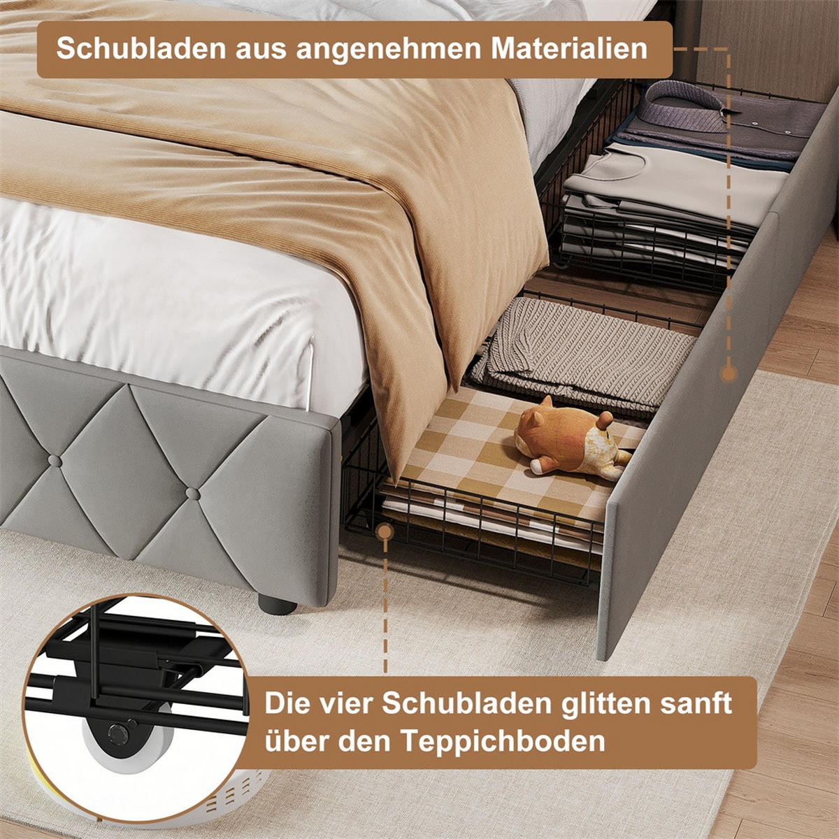 POLSTERBETT 90x200 cm mit 2 Schubladen & LED-Beleuchtung - USB-Anschlüsse - ohne Matratze - Grau - Grau, Textil (90/200cm) - DELFA