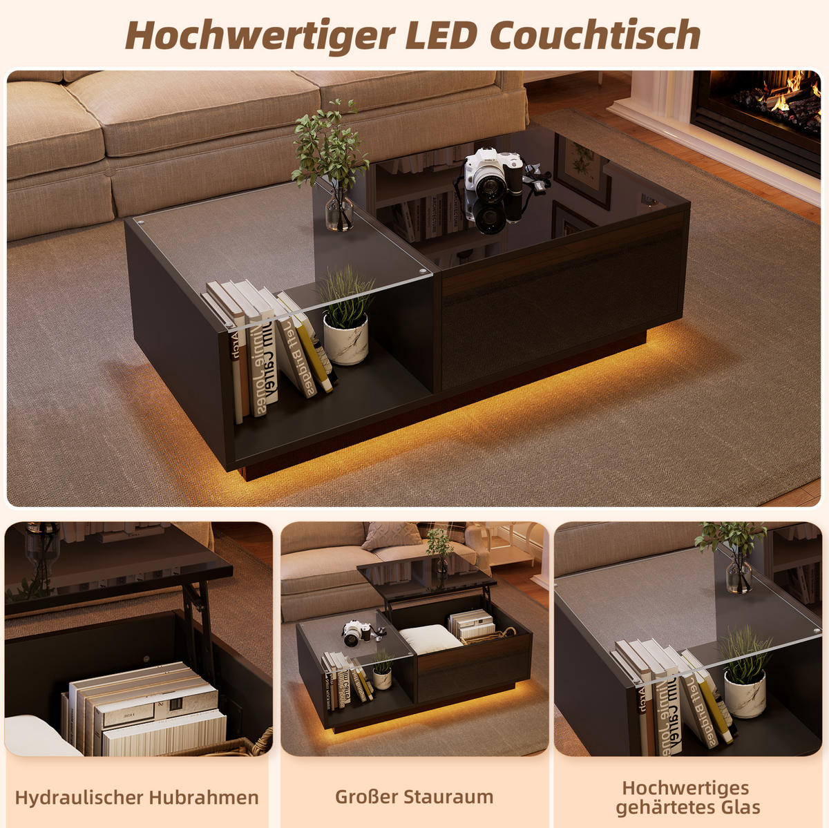 COUCHTISCH 100/50/33 cm schwarz aus Spanplatte mit höhenverstellbarer Platte und Stauraum - Schwarz, Holzwerkstoff (100/50/33cm) - OKMYHOME