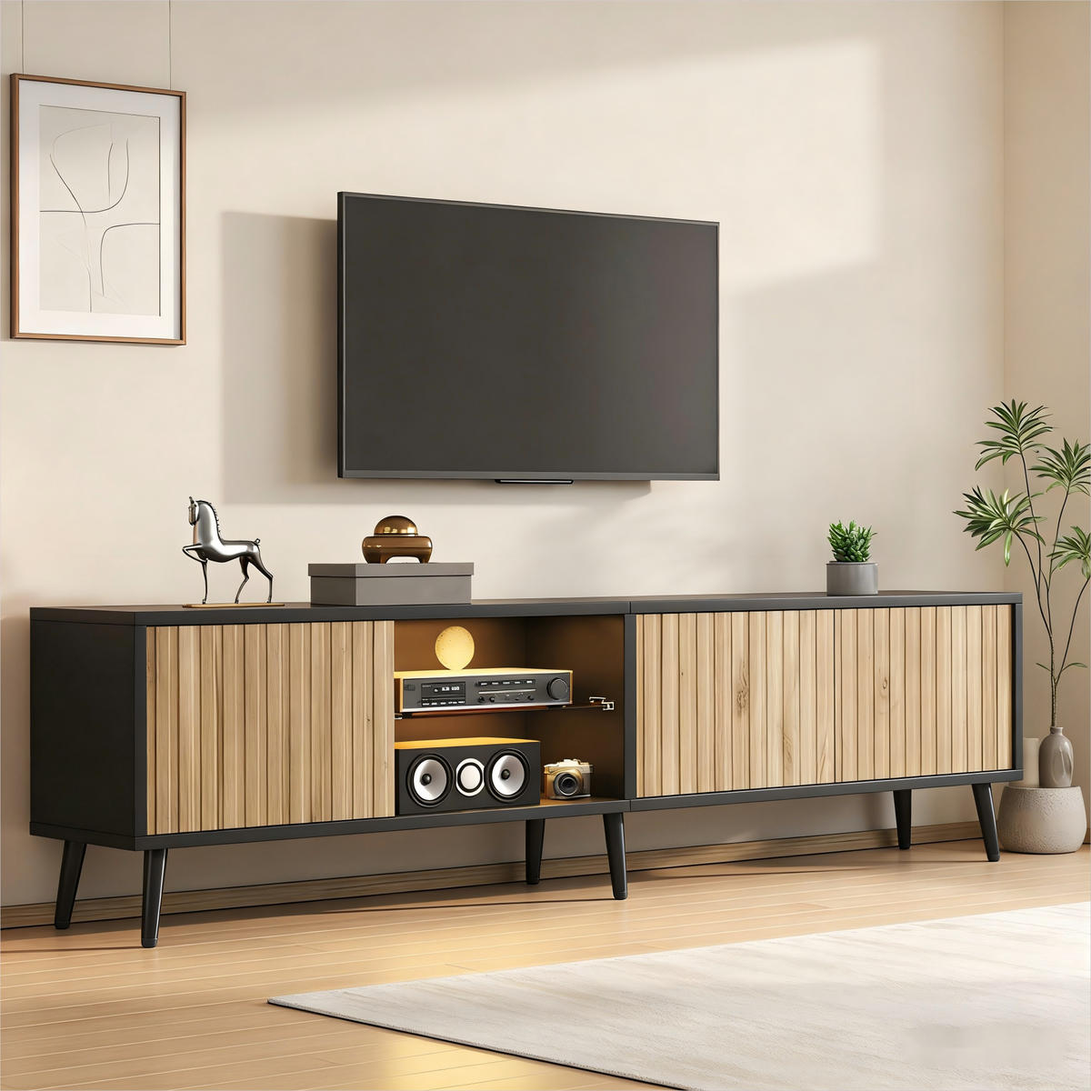 TV-LOWBOARD 175x31x43,5 cm Holz Schwarz LED 3 Schränke Stauraum - Naturfarben, Holzwerkstoff (31/43.5/175cm) - FLIEKS