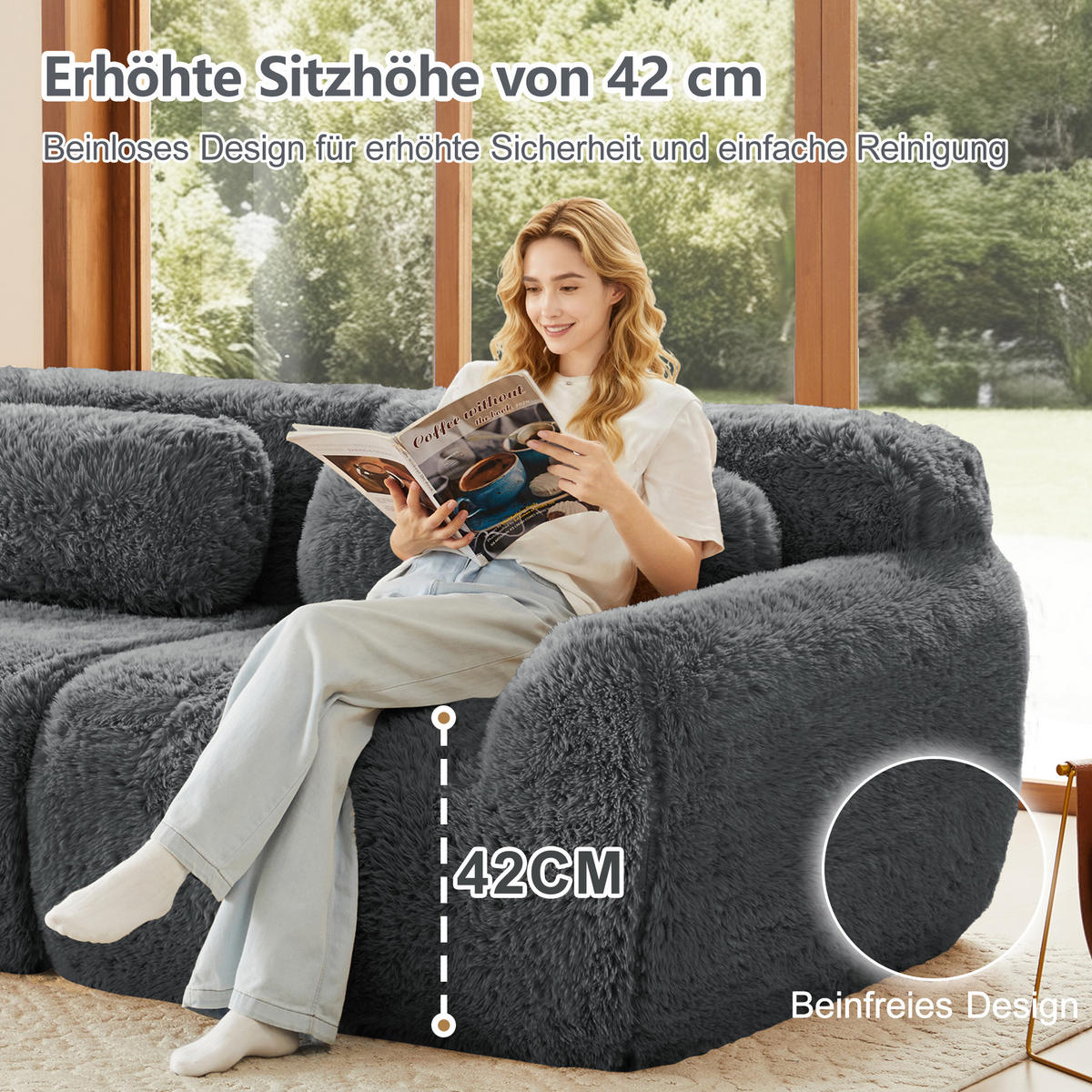 SCHLAFSOFA 3-Sitzer aus Plüschstoff mit 3 Hockern, Grau - Grau, Textil (291/73/179cm)