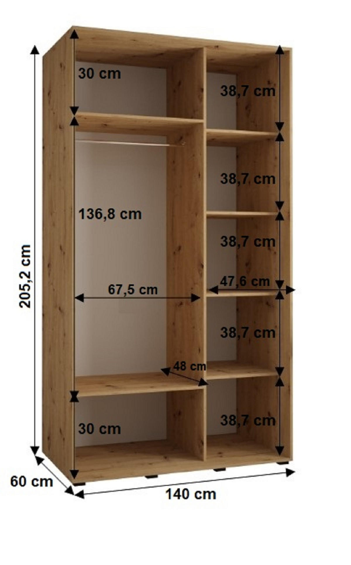 SCHWEBETÜRENSCHRANK 205,2/140/60 2-türig - Schwarz/Eiche Artisan, Holz/Metall (140/205.2/60cm) - Abiks Möbel