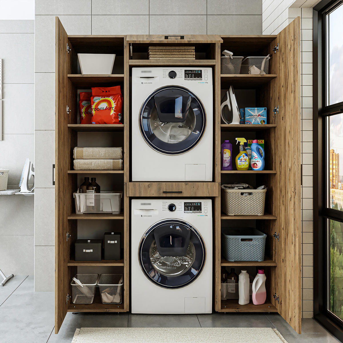 WASCHMASCHINENSCHRANK DUO-I 157cm Breit, 205cm Hoch - Eichefarben, Holzwerkstoff (157/205/67cm)