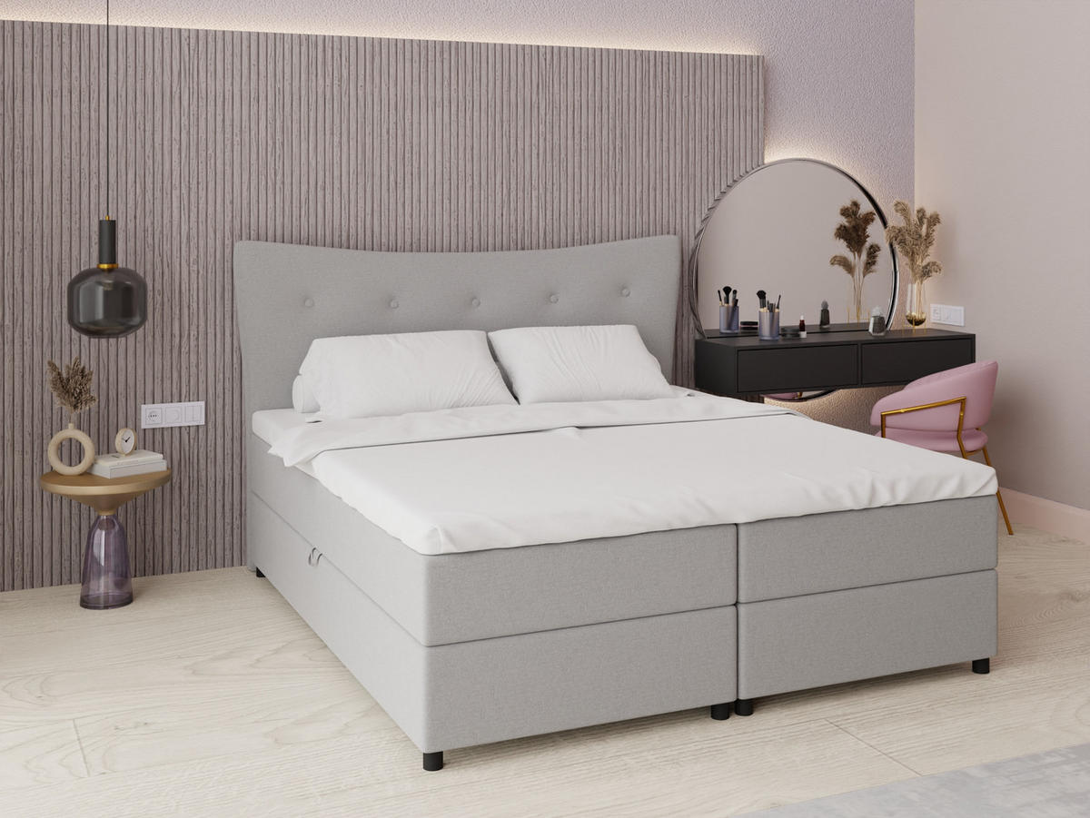 BOXBETT Nevada 180 x 200 cm Doppelbett mit hochwertiger Bonell-Matratze und Topper - hellgrau - Hellgrau, Holz (180/200cm) - Panda Möbel
