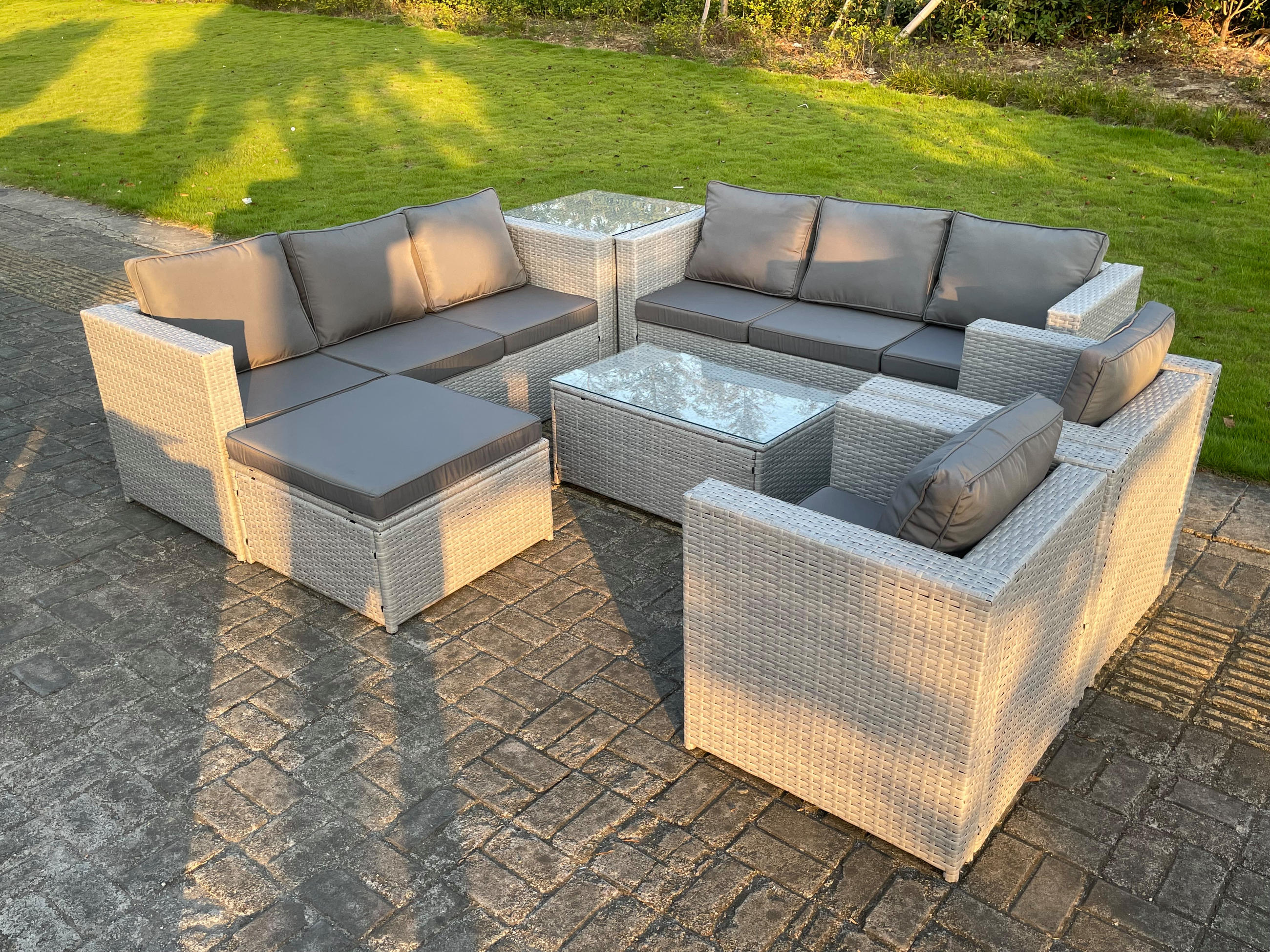 GARTENMÖBEL SET mit Couchtisch Polyrattan Helles Grau 9-Sitzer - Hellgrau, Metall - Fimous