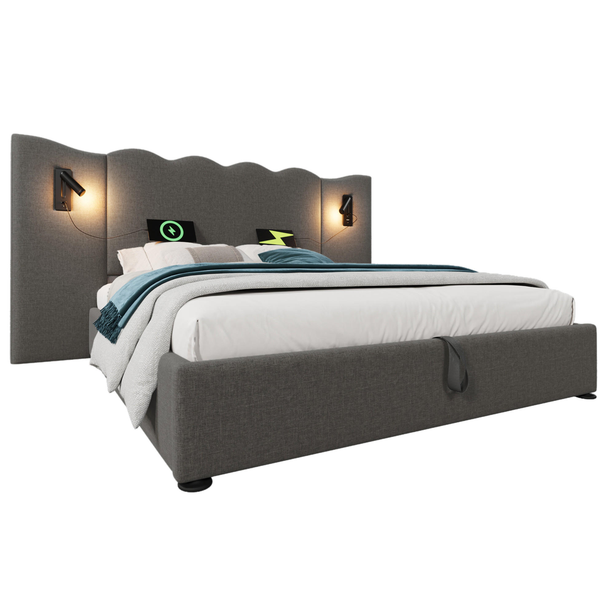 Modfu ČALOUNĚNÁ postel z lnu 180x200 cm šedá s USB, USB-C, lampičkou a hydraulickým úložným prostorem