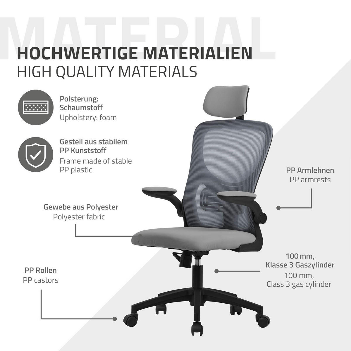 SCHREIBTISCHSTUHL Ergonomic grau - Grau, Kunststoff (60.5/121/60cm) - ML-DESIGN