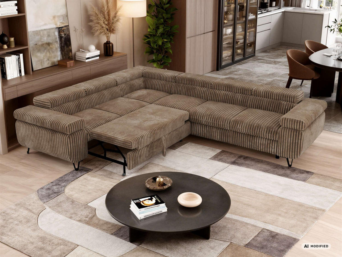ECKSOFA NORDEN L - Braun Cord - Rechts Seite - Schwarz/Braun, Textil/Metall (329/269cm) - MKS