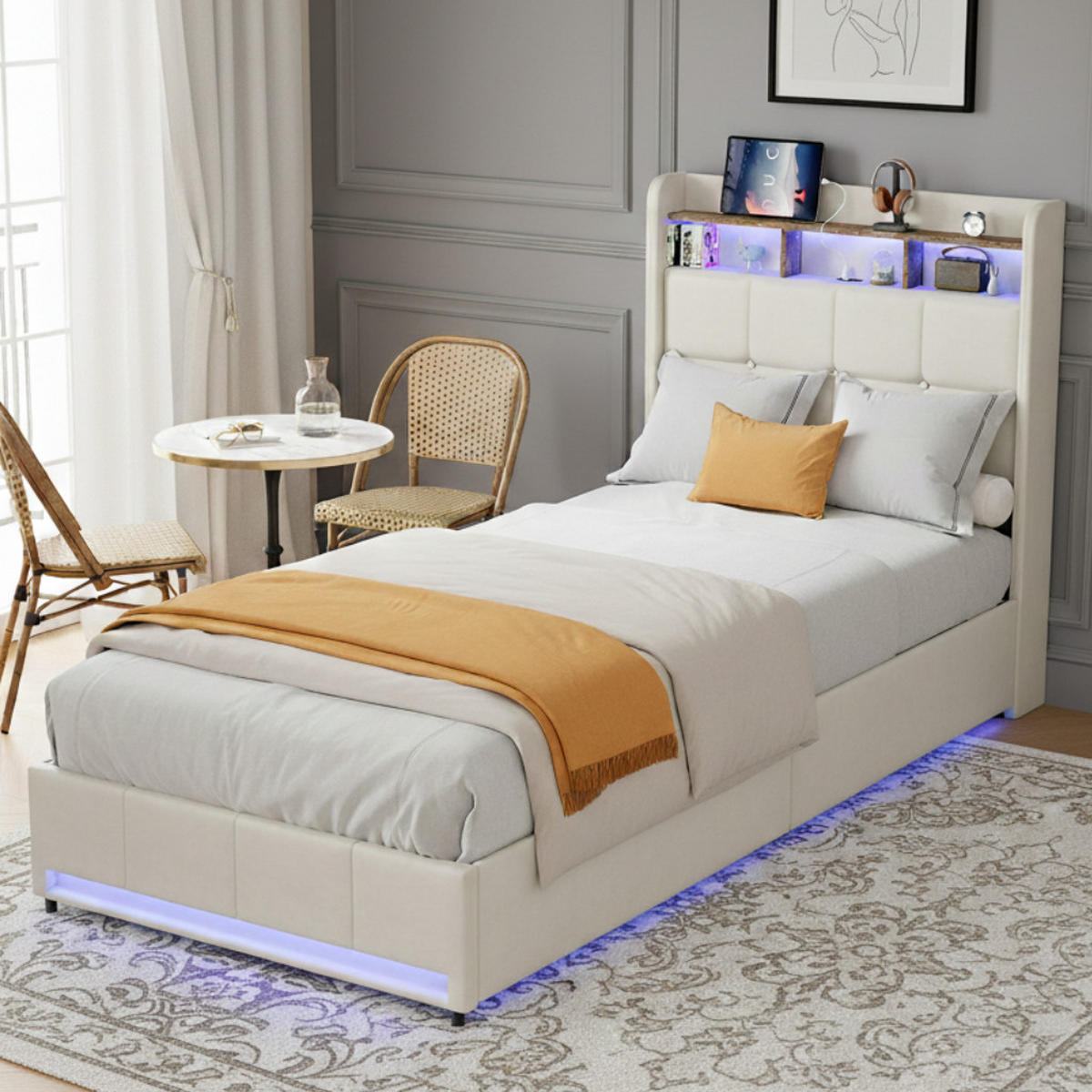 BETT 90x200 cm mit Schubladen, Kopfteil mit Stauraum und LED-Beleuchtung, USB- und Typ-C-Anschlüsse, Leinenstoff, Lattenrost - Beige - Beige, Holzwerkstoff (90/200cm) - Brevoria