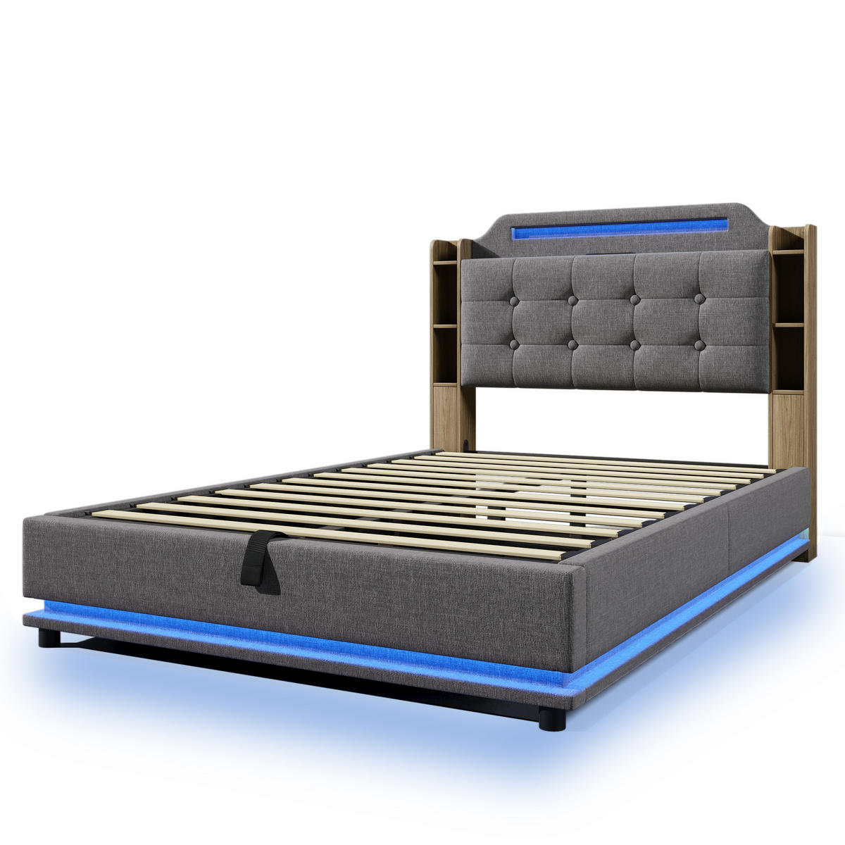 POLSTERBETT 140/200 cm mit LED-Lichtleiste, USB- und Type-C-Anschluss, hydraulischem Stauraum und Ablagefächern, Grau - Grau, Textil (140/200cm) - Redom
