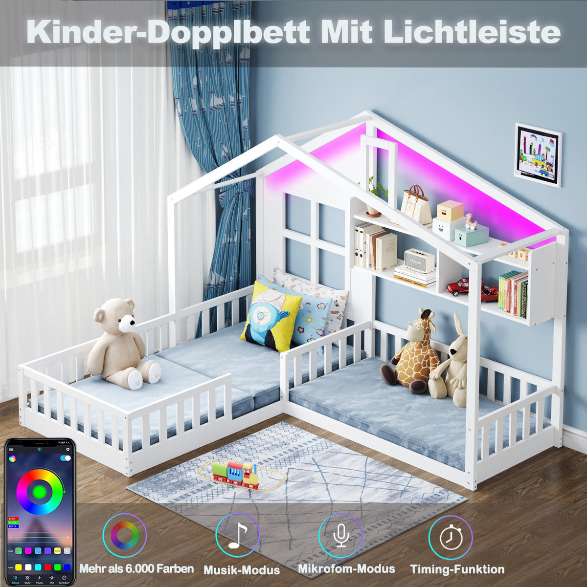 KINDERBETT 90/200 cm und 70/140 cm, Weiß mit LED-Beleuchtung und Regalen - Weiß, Holz (90/200cm) - MIVRAY