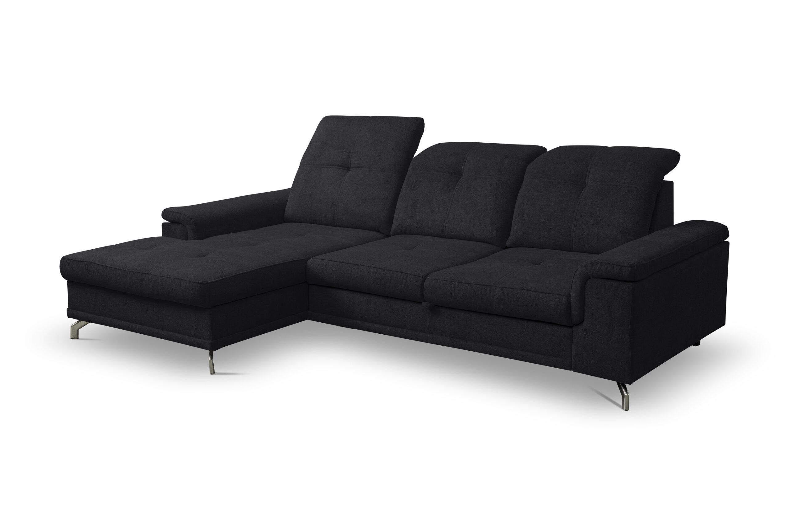 ECKSOFA PANAMA mit Schlaffunktion und Bettkasten, Farbe: Schwarz, Velourstoff, Ottomane Links - Schwarz, Textil (270/180cm) - VENASI MÖBEL
