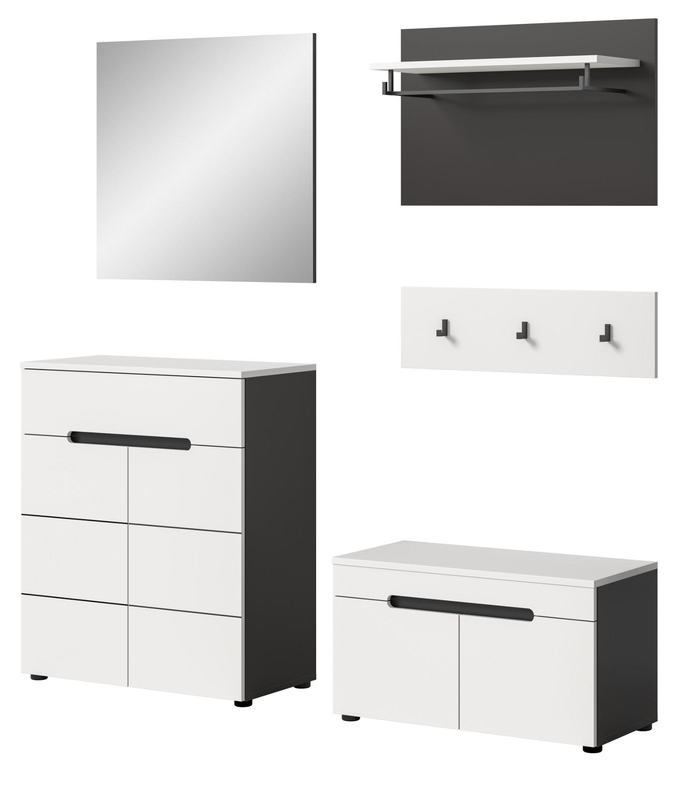 GARDEROBEN-SET 5-teilig in weiß, grau 175 cm, Kombination mit Soft-Close, Cooper - Schwarz/Weiß, Glas/Holzwerkstoff (175/190/37cm) - Inn.Furn