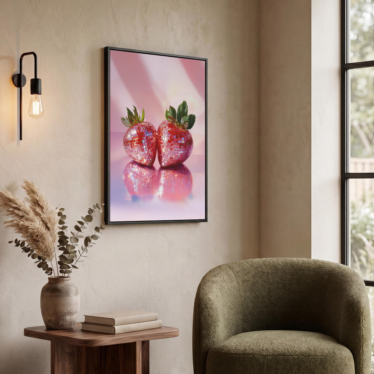 LEINWAND Bilder mit Rahmen - Disco - Obst - Glitzer - Erdbeere - 50x70 - Pink, Textil (50/70cm) - MuchoWow