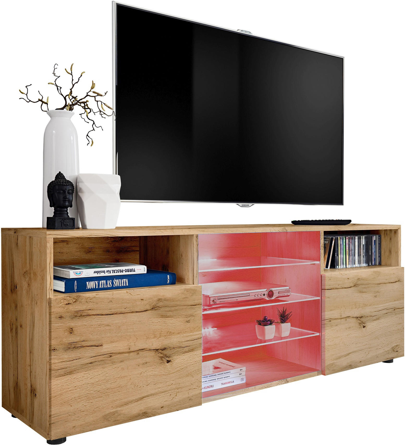 SIDEBOARD TV URBINO Schwarz, LED Beleuchtung Mehrfarbige - Eiche Wotan, Glas/Holzwerkstoff (140/53/35cm) - Komodee