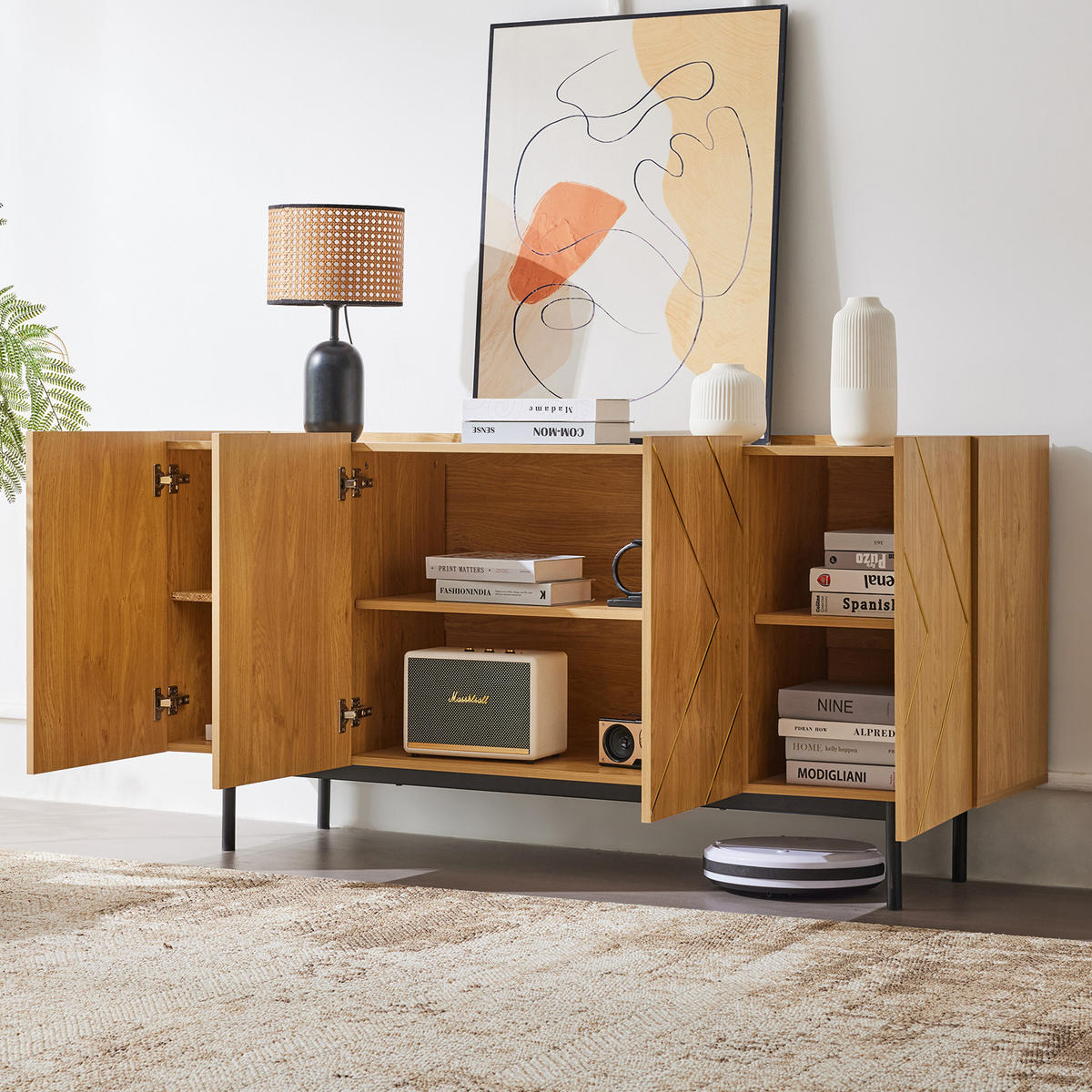 SIDEBOARD in Naturfarben Kommode mit 4 Türen Metall Inlay Kommode Anrichte für Wohnzimmer Flur ,B160/T40/H78cm - Schwarz/Naturfarben, Holzwerkstoff/Metall (160/78/40cm) - STILVORA