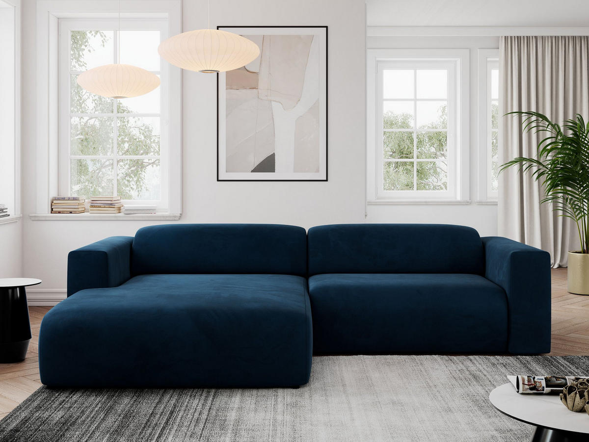 ECKSOFA PASADENA Dunkelblau Velvet - Links Seite - Schwarz/Dunkelblau, Kunststoff/Textil (288/180cm) - MKS