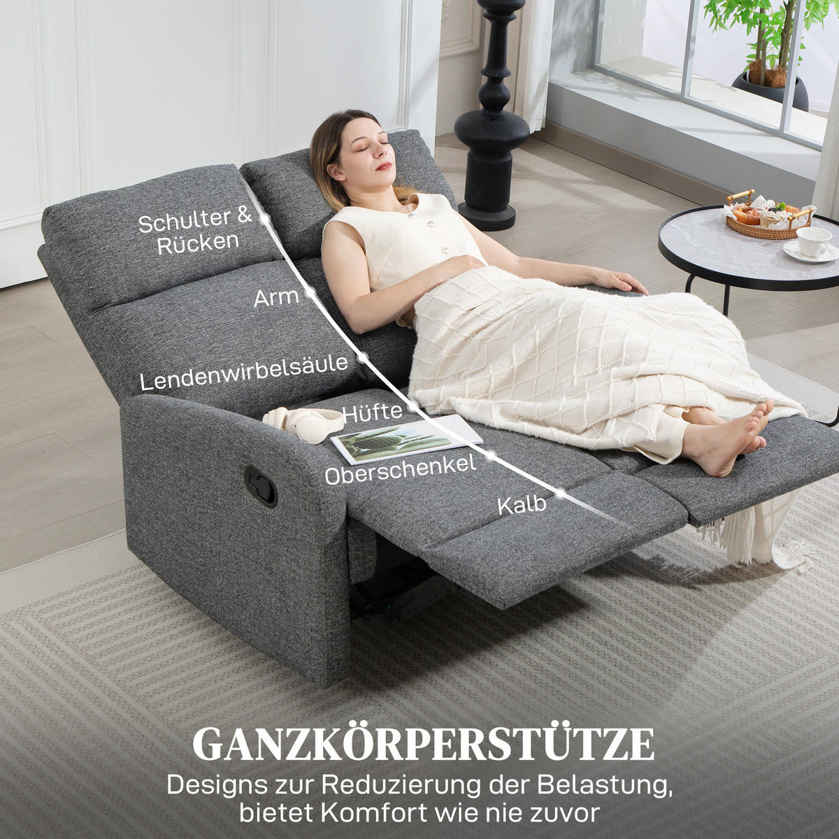 2-SITZER Relaxsessel Fernsehsessel Liegesessel mit Liegefunktion Chenille-Optik - Schwarz/Grau, Textil/Metall (91/98/114cm) - HOMCOM