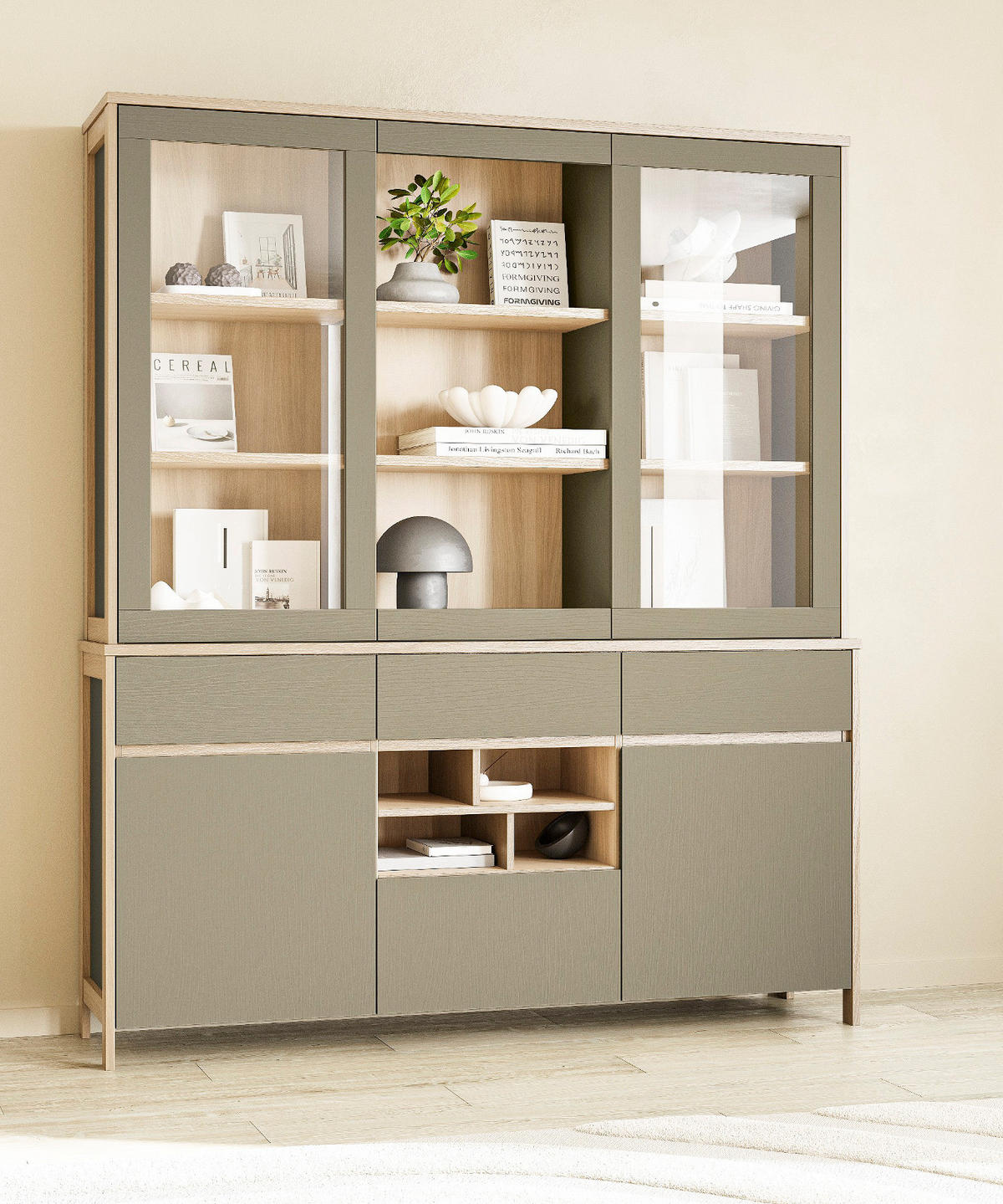 BUFFET Salbei grün, Eiche, Vitrinenschrank skandinavisch 164 x 195 cm, Soft-Close - Salbeigrün/Eichefarben, Glas/Holzwerkstoff (164/195/39cm) - Furn.Design