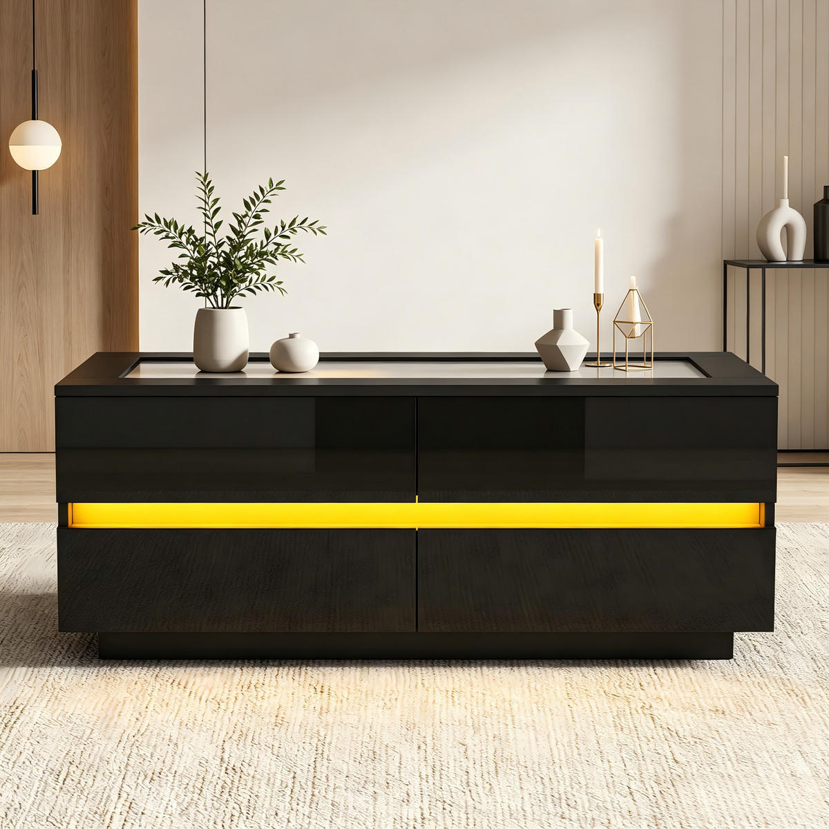 COUCHTISCH in Schwarz mit 4 Schubladen und LED-Beleuchtung für Wohnzimmer, B100/T50/H30 cm - Schwarz, Glas/Holzwerkstoff (50/100/40cm) - STILVORA