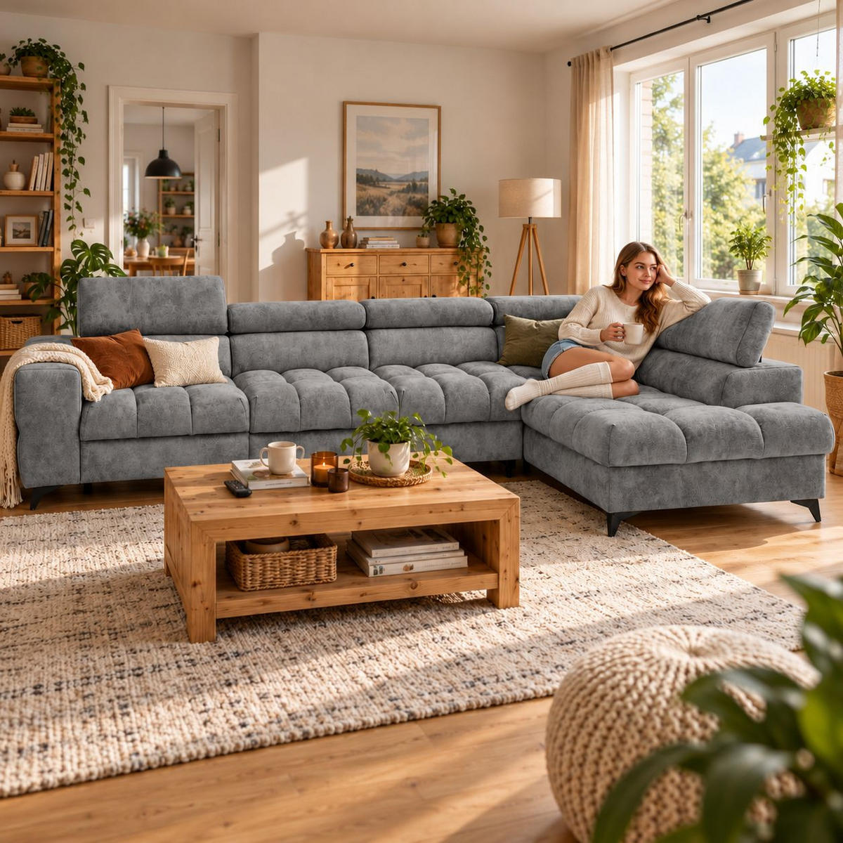 ECKSOFA PUDDING MAXI L Rechts mit Schlaffunktion 125x195 Velours Grau - Schwarz/Grau, Holz/Textil (203/350cm) - Muffo
