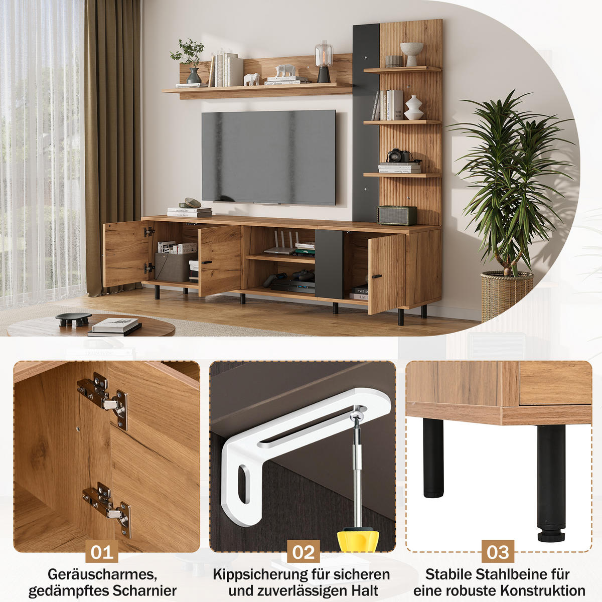 WOHNWAND 188cm Holz Schwarz TV-Board Vitrine Regal - Multicolor, Holzwerkstoff (187.5/167/40cm) - FLIEKS