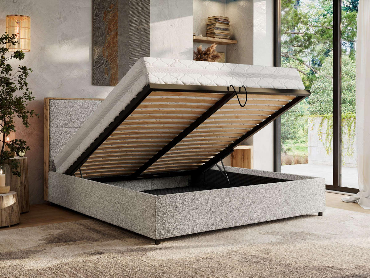 POLSTERBETT LERIO CLASSIC 140/200 - Hellgrau Strukture - Schaum-Matratze - Hellgrau, Textil (140/200cm) - MKS