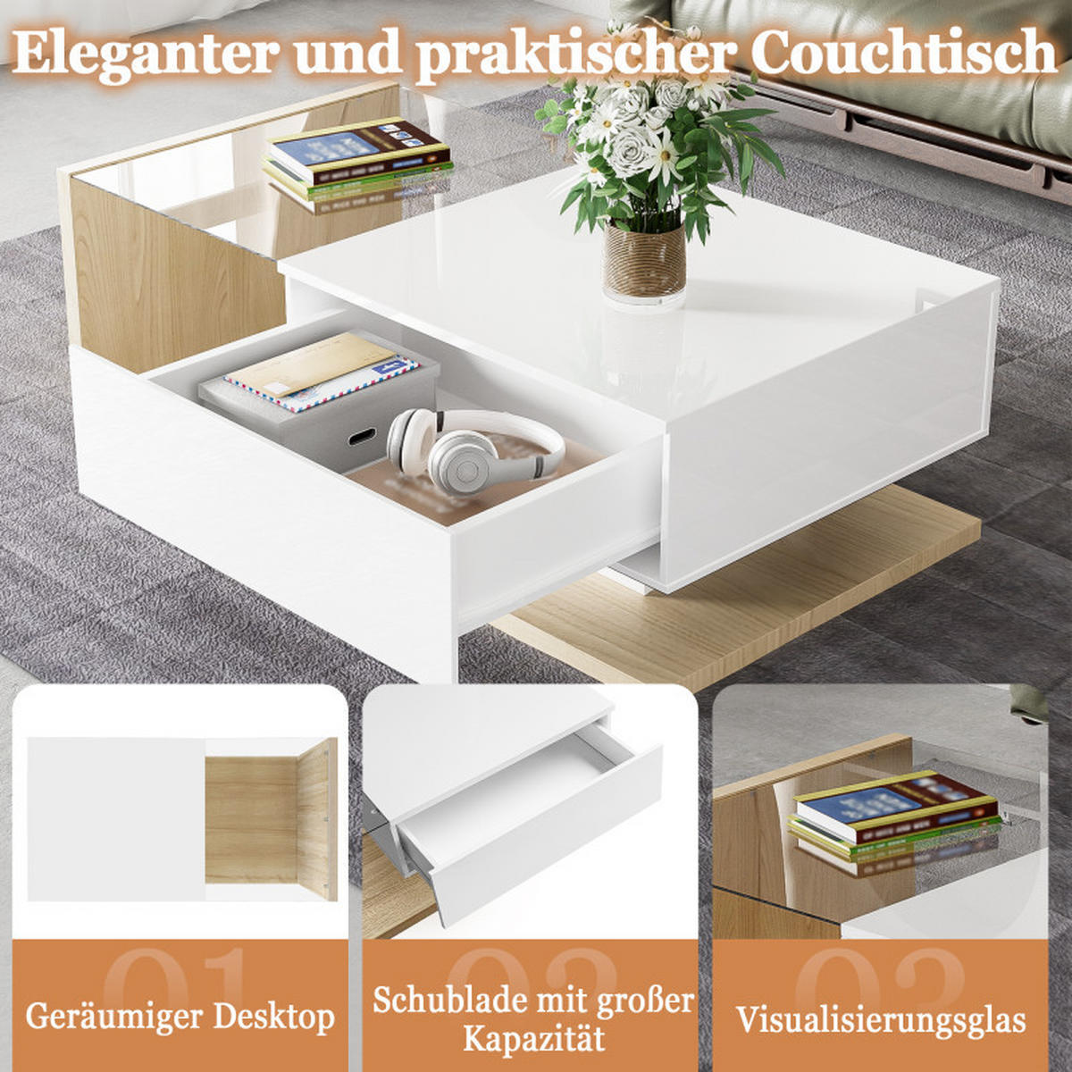WOHNZIMMERTISCH Hochglanz 105x55x32 cm, Glasplatte, Ablagefach, Modern - Naturfarben, Holz (55/105/32cm) - PARAFTA HOME