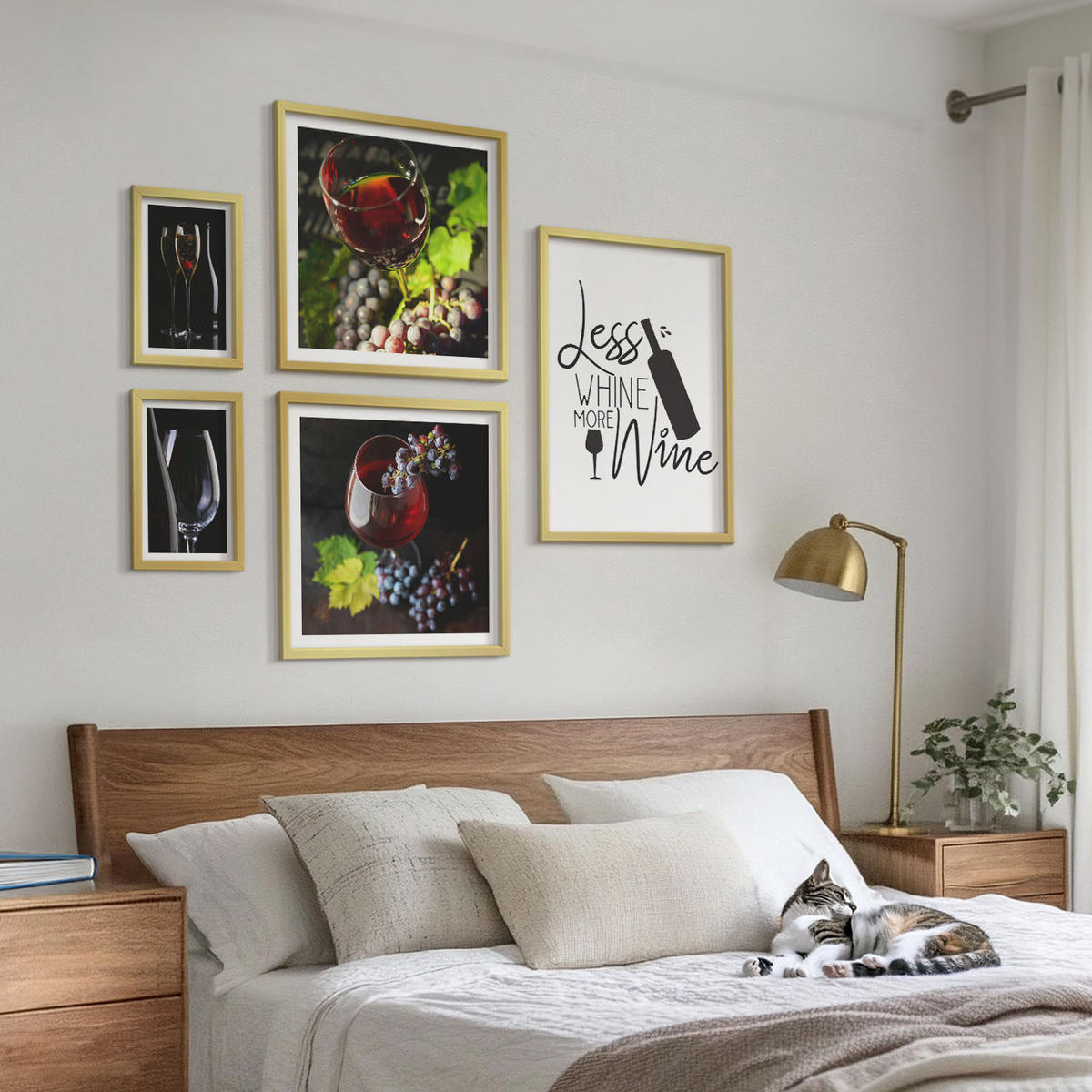 WANDBILDER 5er Set - 50x50 cm & 20x30 cm & 40x60 cm Goldrahmen - Weingläser mit Trauben und Inschrift - Goldfarben, Kunststoff (40/60cm) - ArtPrintCave