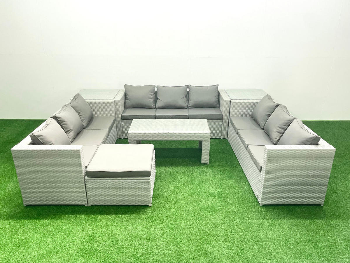 BALKONMÖBEL-SET Polyrattan Hellgrau-Mix 10-teilig - Hellgrau/Grau, Glas/Kunststoff - Fimous