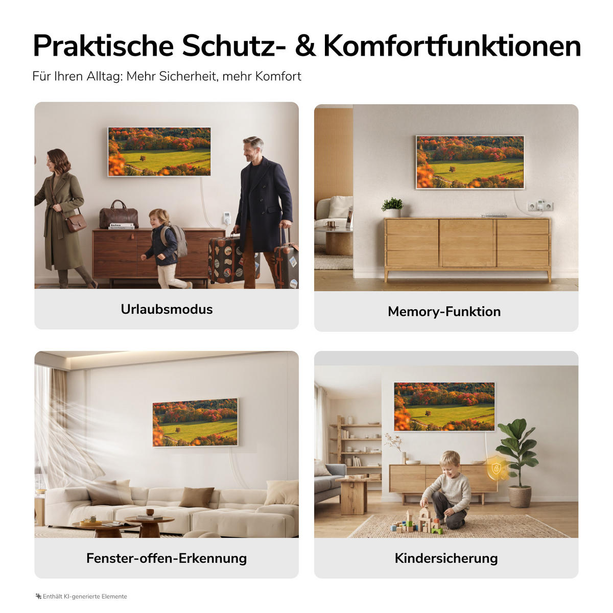 WANDKONVEKTOR Elektrisch mit dekorativem Landschaftsbild, Thermostat und WLAN App Steuerung, 119,5/59,5/2 cm - Weiß, Kunststoff/Metall (119.5/59.5/2cm) - EMKE
