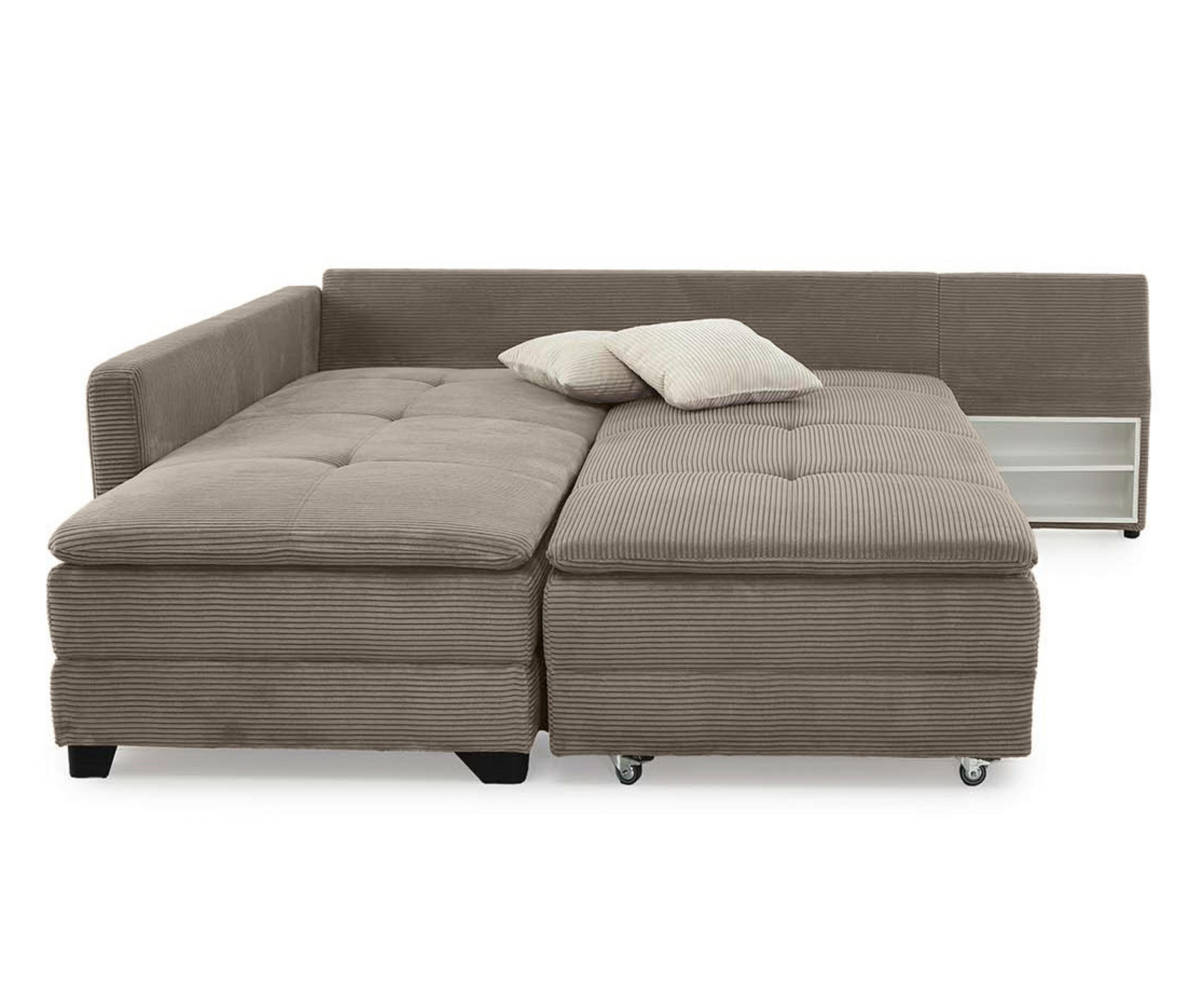 ECKSOFA-DAUERSCHLÄFER Doppelbett Boxspring Federkern Topper, seitenverkehrt montierbar B306/T223/H95 cm, Cord Braun Taupe / 15162 - Taupe/Schwarz, Kunststoff/Textil (306/223cm) - luma-home