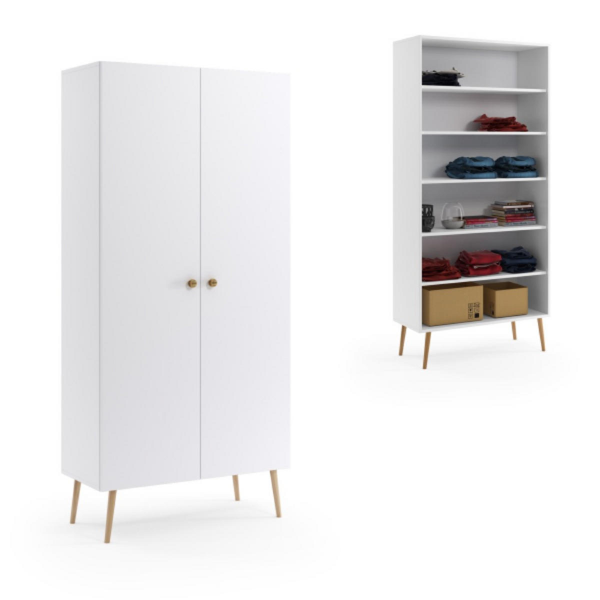 SCHRANK Weiß Boho Tiefe Holzbeine 5 Regale Mit Regalen - Weiß, Holzwerkstoff (87/212/41cm) - Sepro Meble