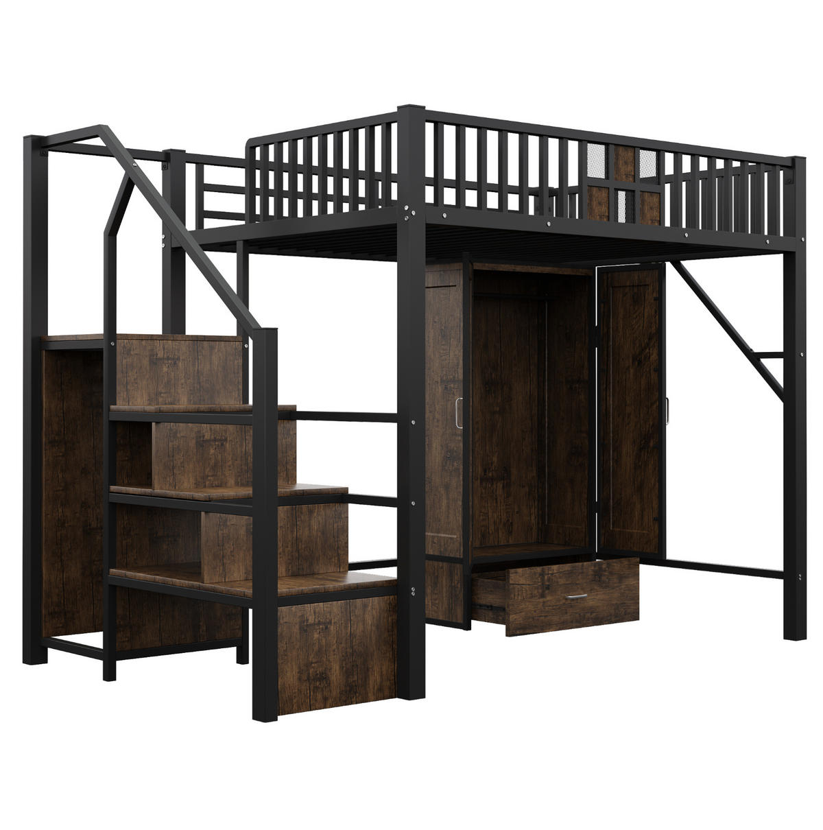 HOCHBETT 140/200 cm aus Metall und Holz mit Kleiderschrank, Schubladen und Aufbewahrungsleiter, Schwarz - Schwarz, Metall (140/200cm) - Redom