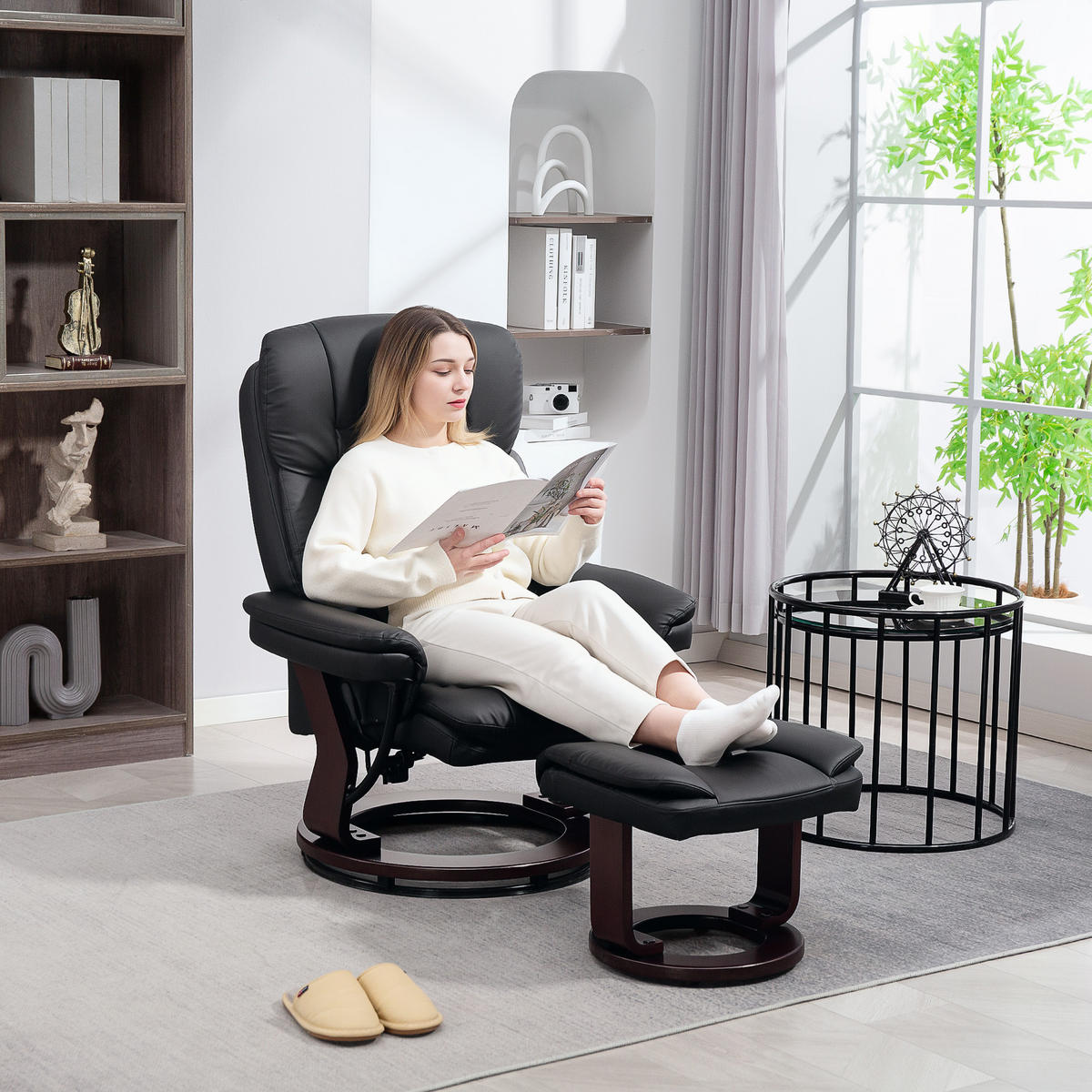 RELAXSESSEL mit Hocker drehbarer Fernsehsessel mit Liegefunktion Taschenfeder - Schwarz, Kunststoff (83/107/86cm) - HOMCOM