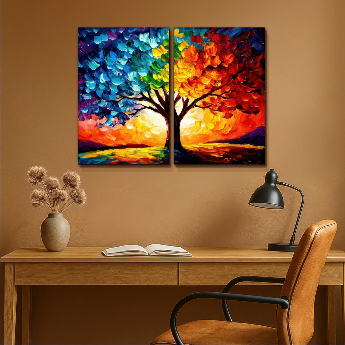 LEINWANDBILD 2er Set Baum - Farbenfroh - Malerei-Look - Abstrakt 80x60 cm - Multicolor, Textil (80/60cm) - MuchoWow
